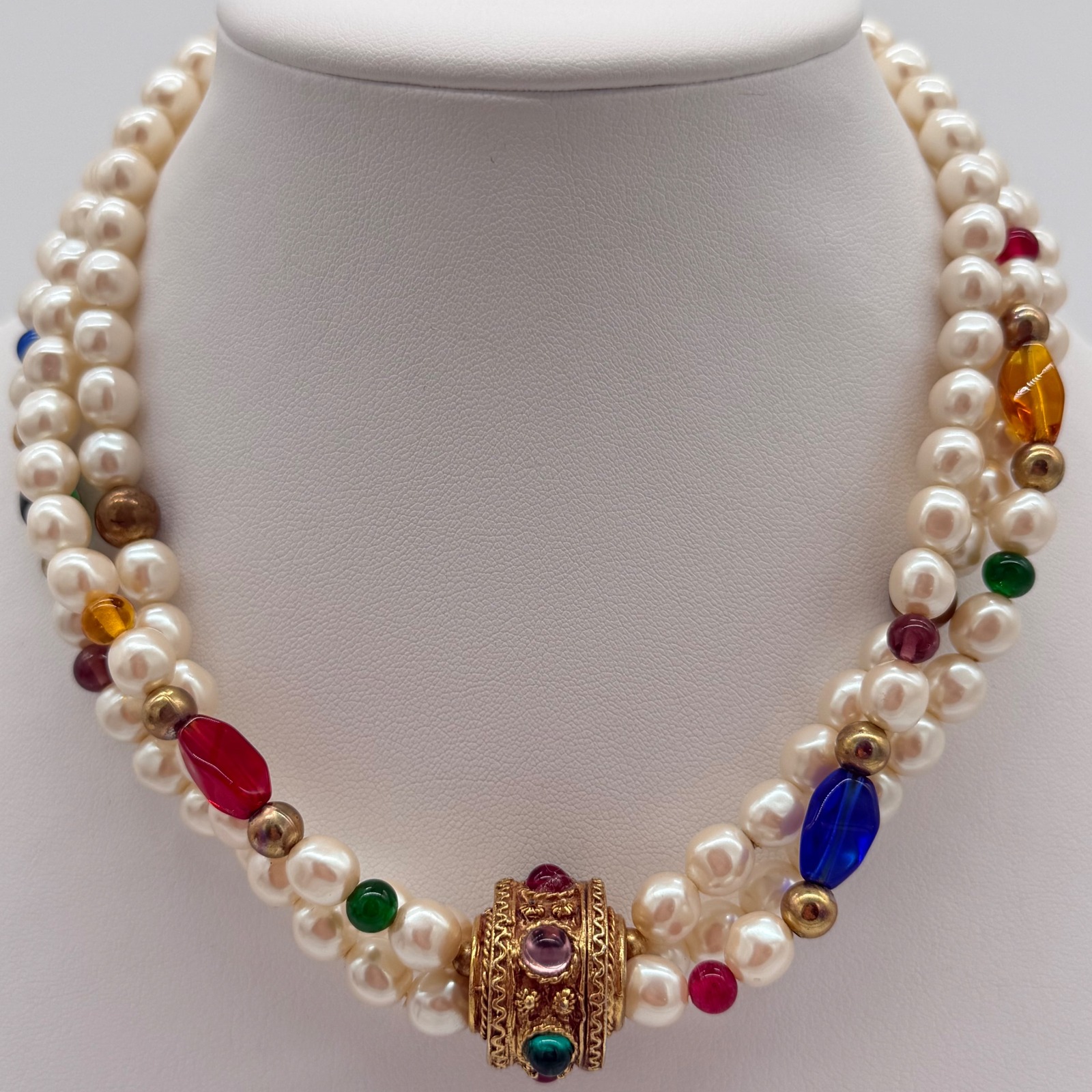 Carol Dauplaise Faux Pearl Multi Strand Necklace Gold Tone Filigree Bead Signed 100$